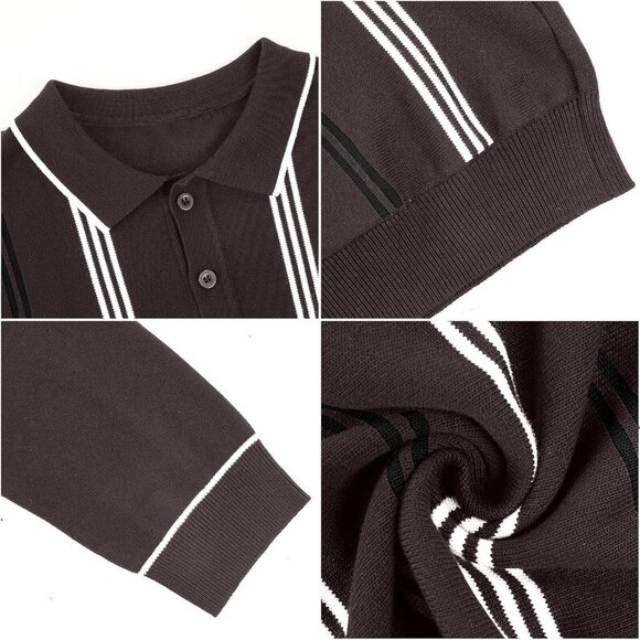 Men's Knit Polo Sweater Long Sleeve Striped Thermal Button Collar Sweater Brown - Picture 4 of 7